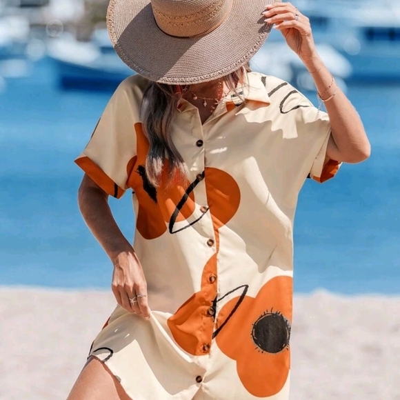 SHEIN Cream and Orange Button-Up Swim Cover-Up - Picture 3 of 4